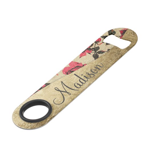 Rote rustikale Rosen auf Imitat-Goldmonogramm Speedflaschenöffner (Vorderseite Schrägansicht)