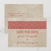 Rote Rustikale Spitze Save the Date Postkarte (Vorne/Hinten)