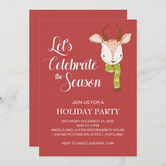 Rote Rustikale Waldweiden Hirsch mit Scarf Feierta Einladung (Vorne/Hinten)