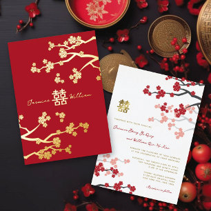 Rote Sakura Golden Double Glück Chinesische Hochze Folieneinladung