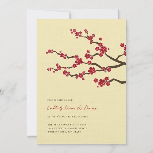 Rote Sakura Kirschblüten Moderne Hochzeit in Asien Einladung (Rückseite)