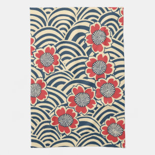 Rote Sakura-Navy-Welle-Cream-Japanisches Muster Geschirrtuch