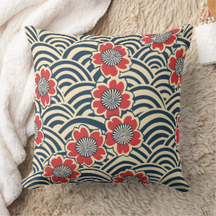 Rote Sakura Navy-Wellen-Creme Japanisches Muster Kissen