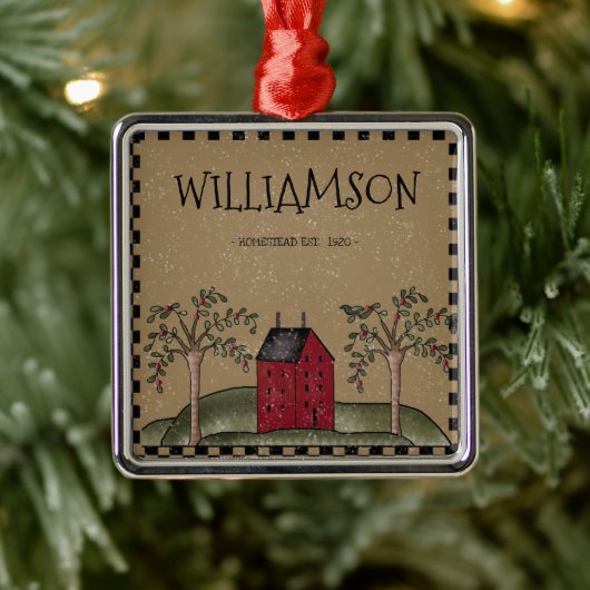 ROTE SALTBOX HAUS FAMILIENNAME RUSTIK ORNAMENT AUS METALL (Baum)