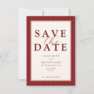Rote Samt-Schrift Klassische Gestreifte Hochzeit Save The Date