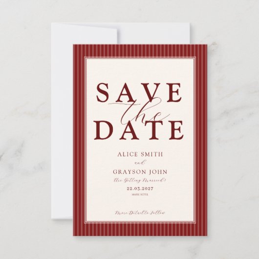 Rote Samt-Schrift Klassische Gestreifte Hochzeit Save The Date (Vorderseite)