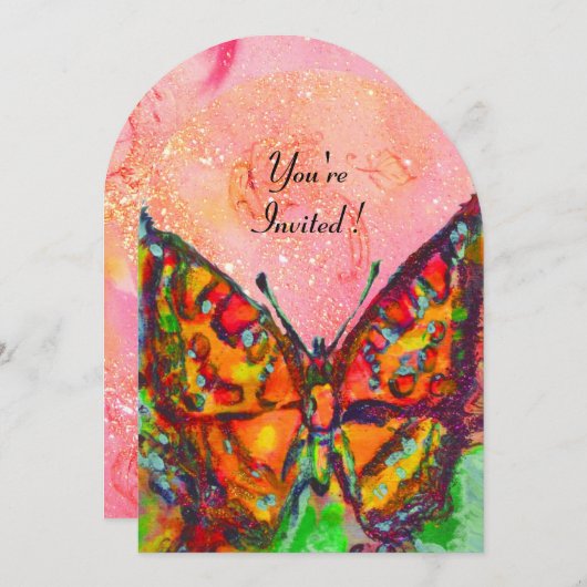 ROTE SCHALTFLÄCHE IN PINK FUCHSIA GOLD GLITZERN EINLADUNG (Vorne/Hinten)