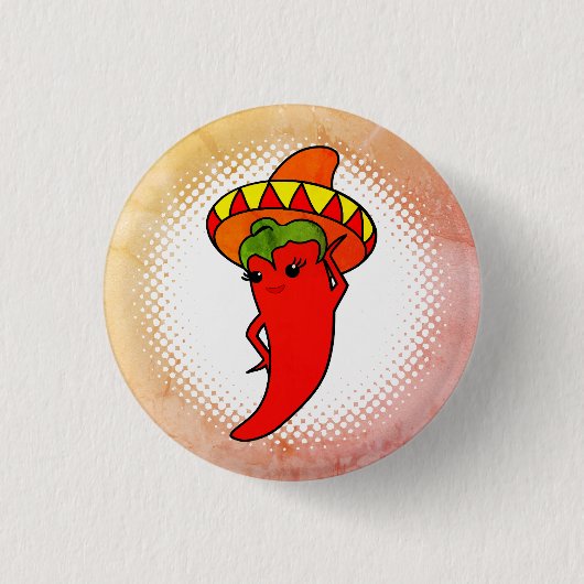 Rote scharfe Paprika Diva Kawaii Style Druck Mexik Button (Vorderseite)