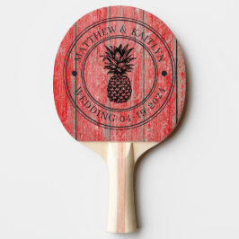 Rote Scheune Bretter Ananas Hochzeitswappen & Name Tischtennis Schläger