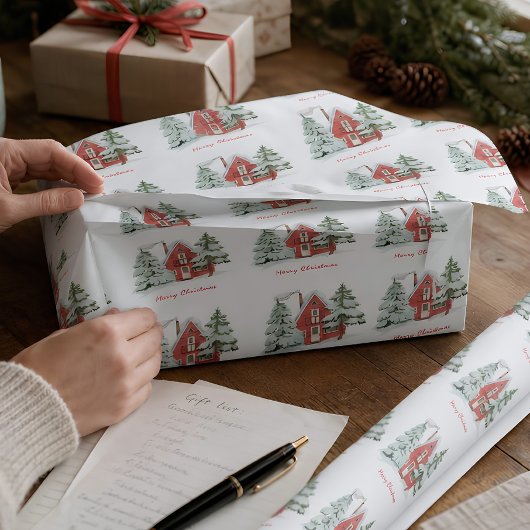 Rote Scheune Grüner Winterwald Kiefern-Weihnachtsb Geschenkpapier