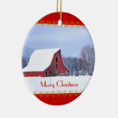 Rote Scheune im Schnee, Weihnachtsverzierung Keramik Ornament (Rechts)