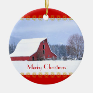 Rote Scheune im Schnee, Weihnachtsverzierung Keramik Ornament