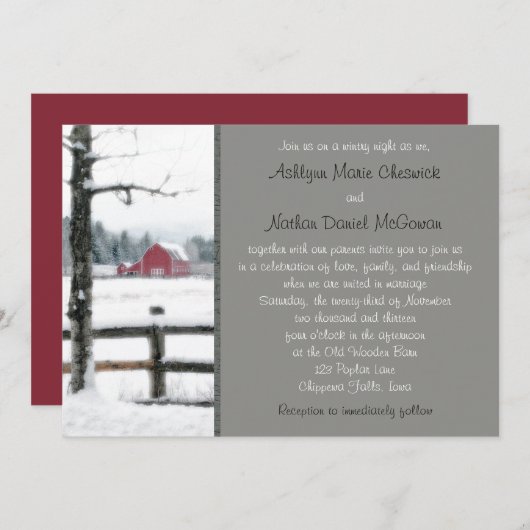 Rote Scheune im Winter Einladung zur Hochzeit (Vorne/Hinten)