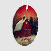 Rote Scheune mit Stern und Bäumen Farmhouse-Monogr Ornament (Vorderseite)