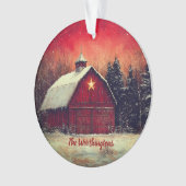 Rote Scheune mit Stern und Bäumen Farmhouse-Monogr Ornament (Vorderseite)