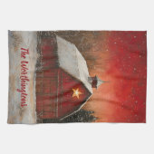 Rote Scheune mit Stern und Winterbäumen Farmhouse- Geschirrtuch (Horizontal)