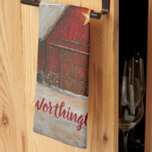 Rote Scheune mit Stern und Winterbäumen Farmhouse- Geschirrtuch