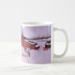 Rote Scheune und Bauernhof im schweren Winterschne Kaffeetasse