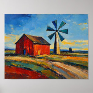 Rote Scheune und Windmühle Abstrakte Kunstmalerei Poster