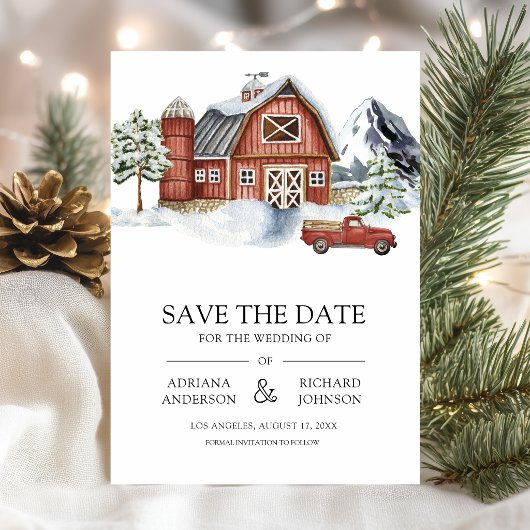 Rote Scheune Winter Weihnachten QR-Code Foto Hochz Save The Date