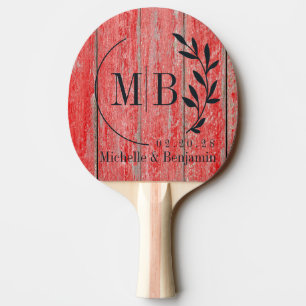 Rote Scheunen Bretter Blatt Hochzeitsmonogramm Tischtennis Schläger