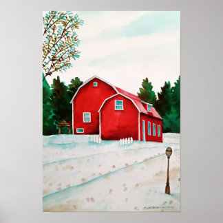 Rote Scheunen im Schnee - Wasserfarben Landschaft Poster