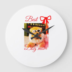 Rote Schleife beste Hundemutter Vater Foto Hund/Ha Große Wanduhr