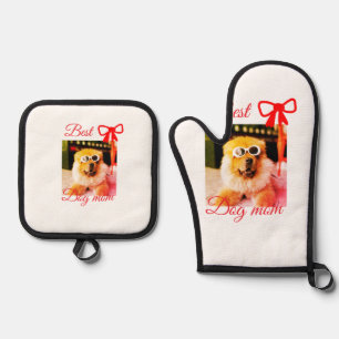 Rote Schleife beste Hundemutter Vater Foto Hund/Ha Ofenhandschuh & Topflappen-Set