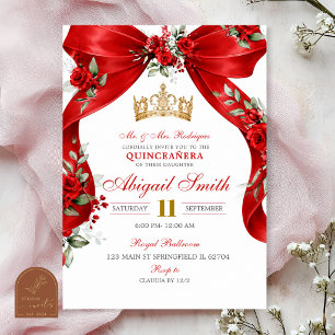 Rote Schleife Coquette Krone Florale Quinceanera E Einladung