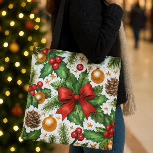 Rote Schleife Gold Ornamente Weihnachten Tasche