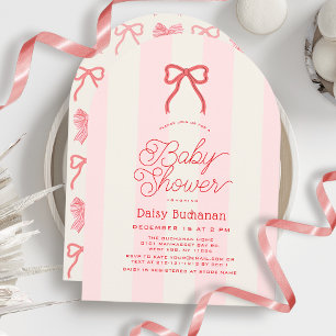 Rote Schleife & rosa gestreiftes Mädchen-Baby-Part Einladung