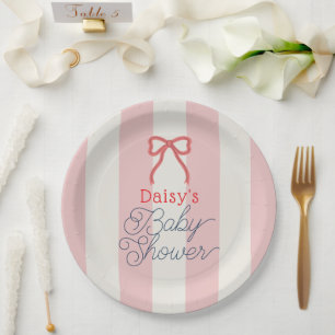 Rote Schleife & rosa Streifen Baby Shower Pappteller