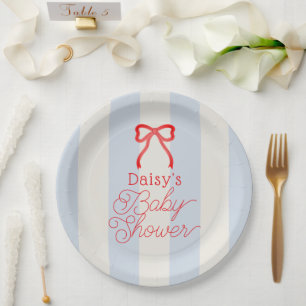 Rote Schleife und blassblaue Streifen Baby-Party Pappteller