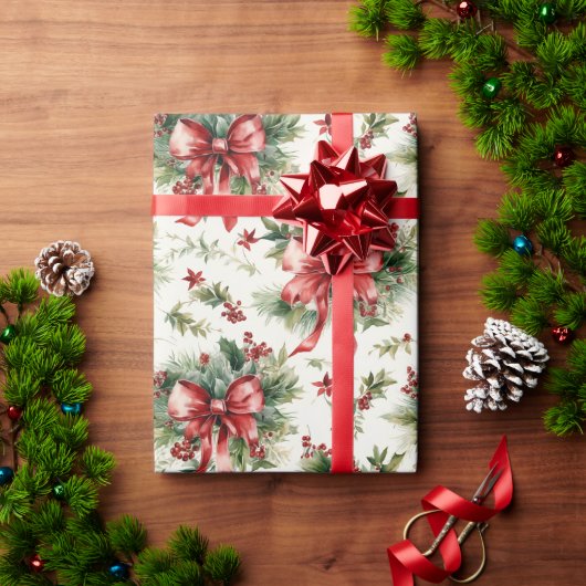 Rote Schleifen und Stechpalmenblätter Geschenkpapier (Feiertagsgeschenk)