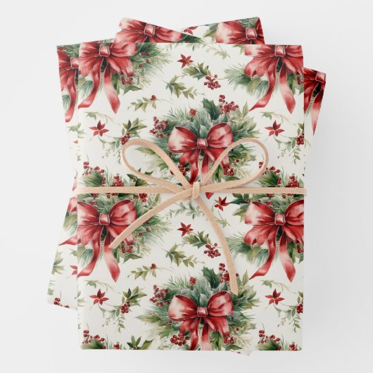 Rote Schleifen und Stechpalmenblätter Geschenkpapier Set (Beispiel)