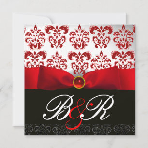 ROTE SCHLIFE RUBIN WEISS SCHWARZ DAMAST MONOGRAMM EINLADUNG