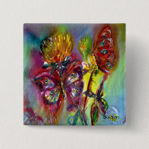 ROTE SCHMETTERLINGE AUF GELBEN DISTELN,BLAUER HIMM BUTTON