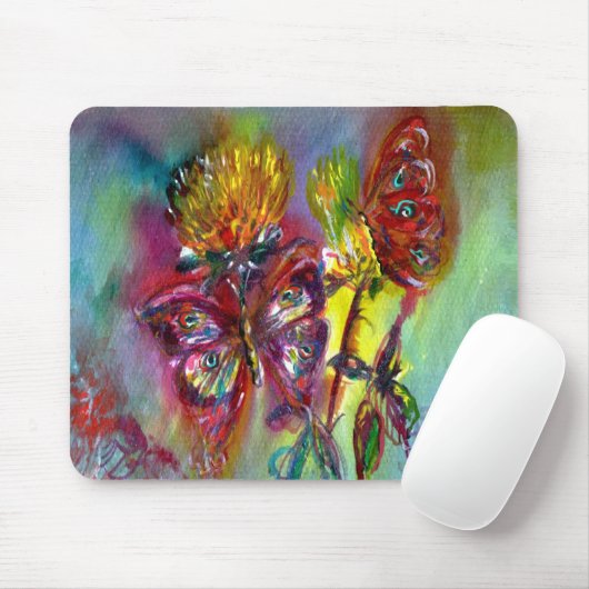 ROTE SCHMETTERLINGE AUF GELBEN DISTELN, BLAUER MOUSEPAD (Mit Mouse)