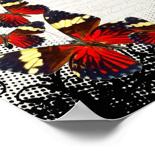 Rote Schmetterlinge auf schwarzer Spitze Poster (Ecke)