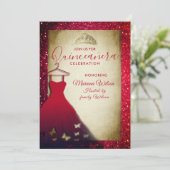 Rote Schmetterlinge kleiden tiara Quinceañera Einladung (Stehend Vorderseite)