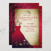 Rote Schmetterlinge kleiden tiara Quinceañera Einladung (Vorne/Hinten)