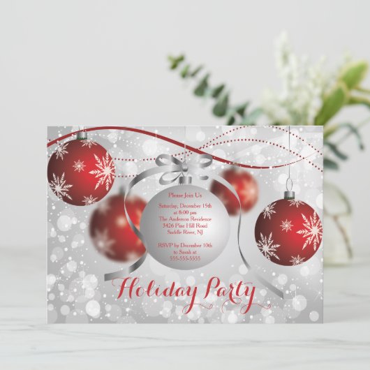 Rote Schneeflocken Bokeh Feiertag Einladung (Stehend Vorderseite)