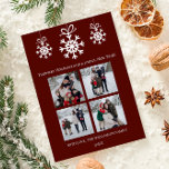 Rote Schneeflocken Ornamente FotoCollage Feiertagskarte<br><div class="desc">Feiern Sie die Saison mit dieser Red Snowflake Ornaments Foto Collage Holiday Card, erstellt, um Ihre festliche Freude zu teilen. Dieses Foto-Gruß zeichnet sich durch eine elegante Anordnung mit zarten, weißen Schneeflocken in einem charmanten Schneeflocken-Design aus und zeigt eine wunderschöne Collage aus vier Fotos Ihrer Fotos. Moderne Typografie verleiht dem...</div>