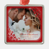 Rote Schneeflocken Rahmen Modernes Holiday Wedding Ornament Aus Metall (Vorne)