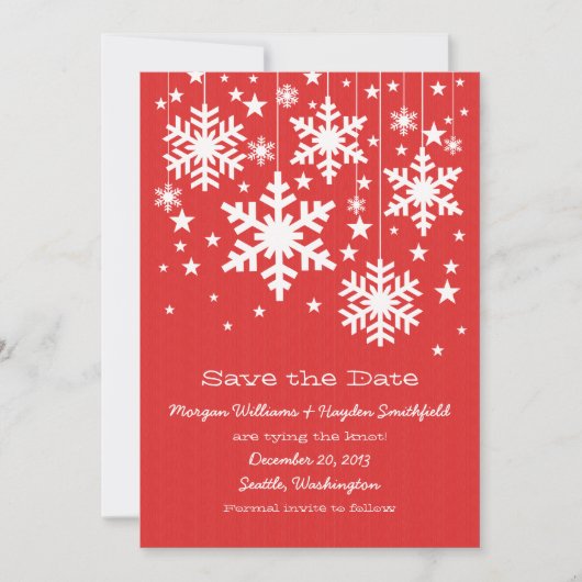 Rote Schneeflocken und Sterne Save the Date laden (Vorderseite)