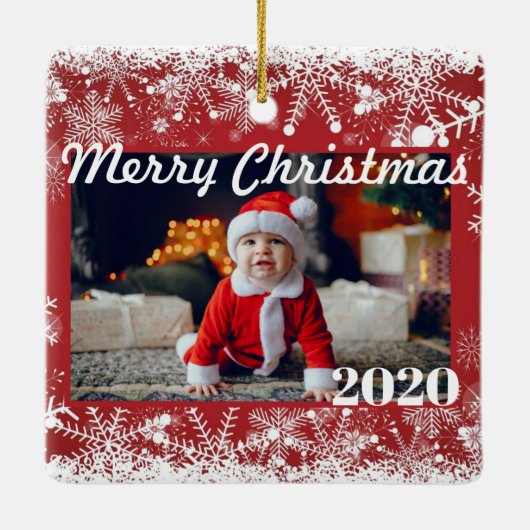 Rote Schneeflocken Weihnachten Foto 2 Seiten Moder Keramikornament (Rückseite)
