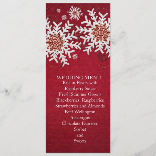 Rote Schneeflocken Wirbel Hochzeitmenü Menükarte (Vorderseite)