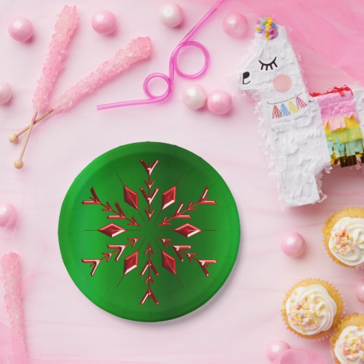 Rote Schneeflocken zu Grünen Weihnachten Pappteller (Party)