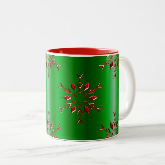 Rote Schneeflocken zu Grünen Weihnachten Zweifarbige Tasse (VorderseiteRechts)