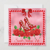 Rote Schuhe, Juwelen und Rose Blume 16 . Geburtsta Einladung (Vorderseite)